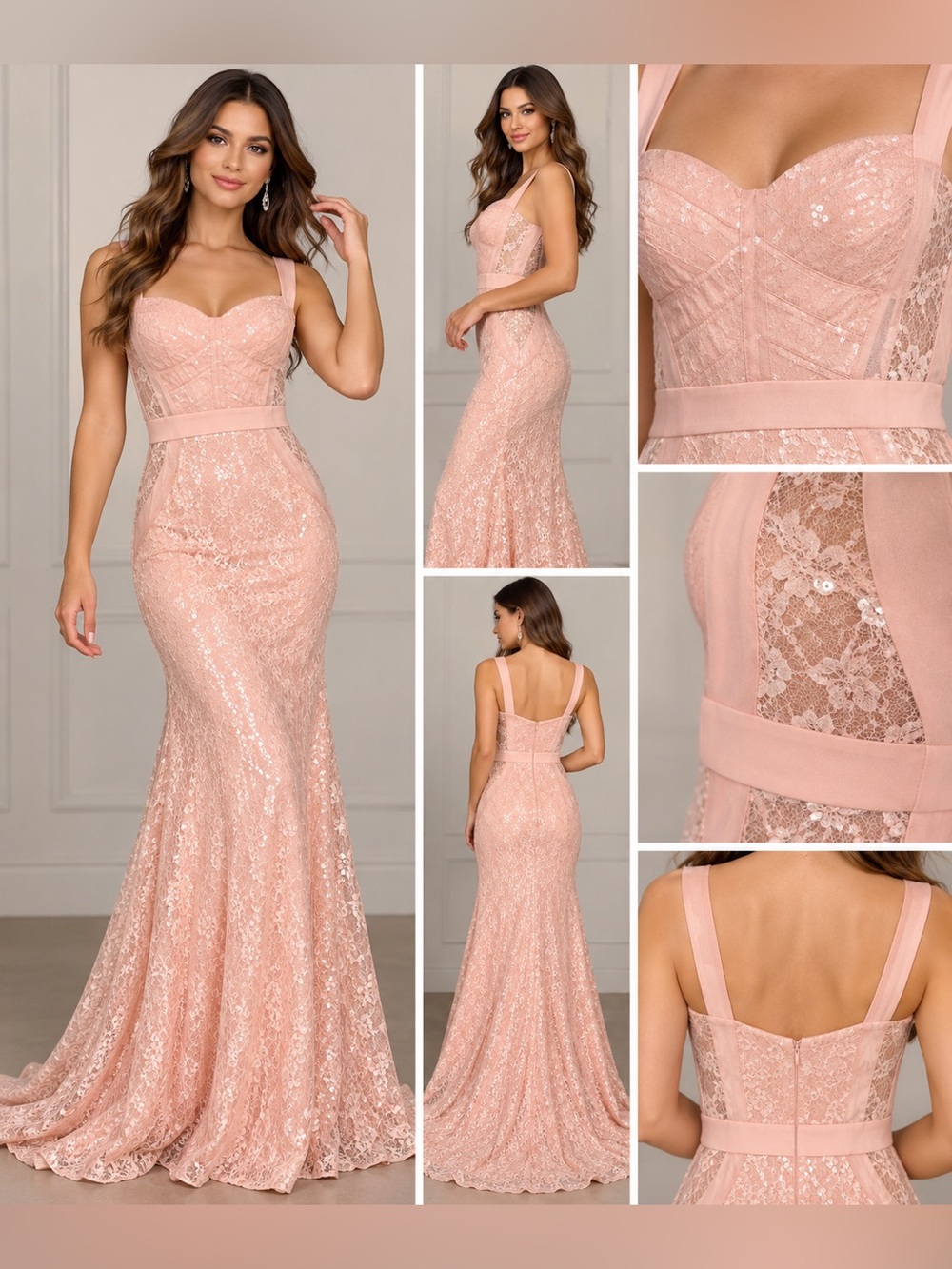 LM by Mignon Blush Pink Sequin Lace Mermaid Gown Size 4 NWT